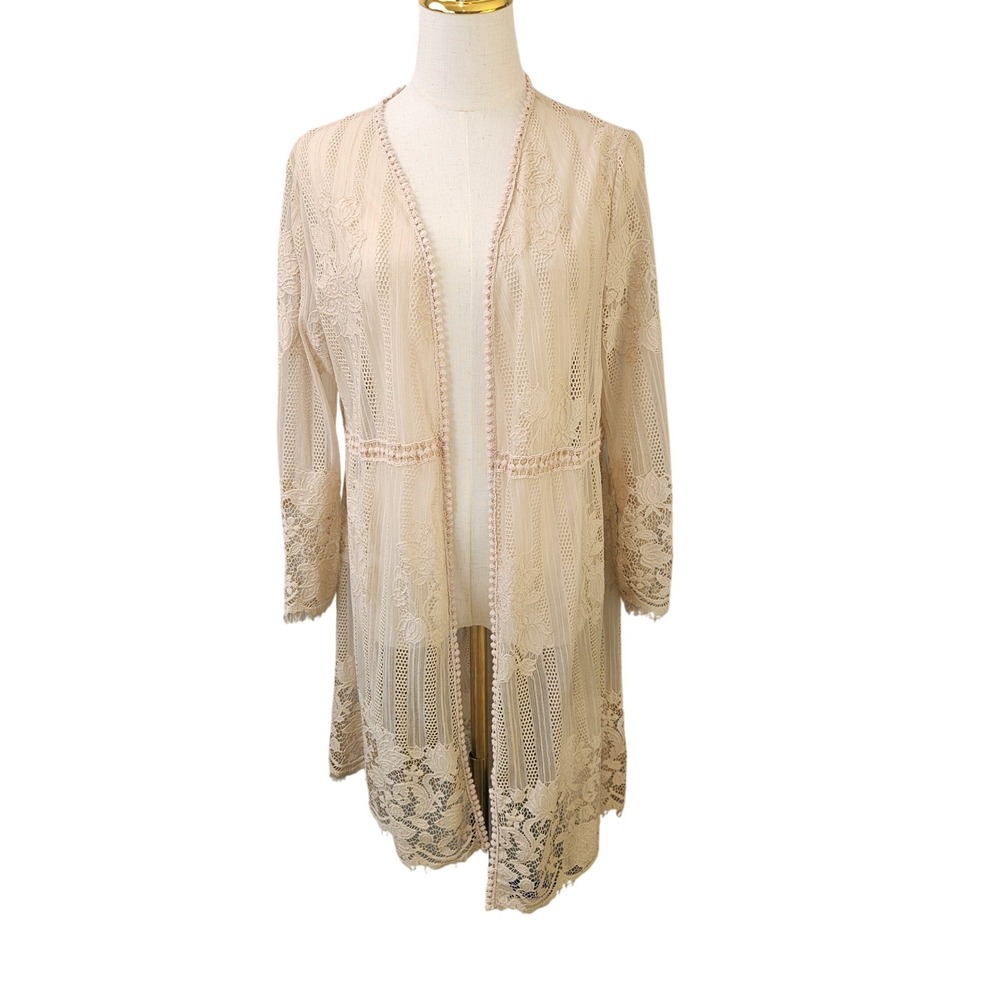 Boho Floral Lace Crochet Open Front Duster Kimono M Festival Fairy